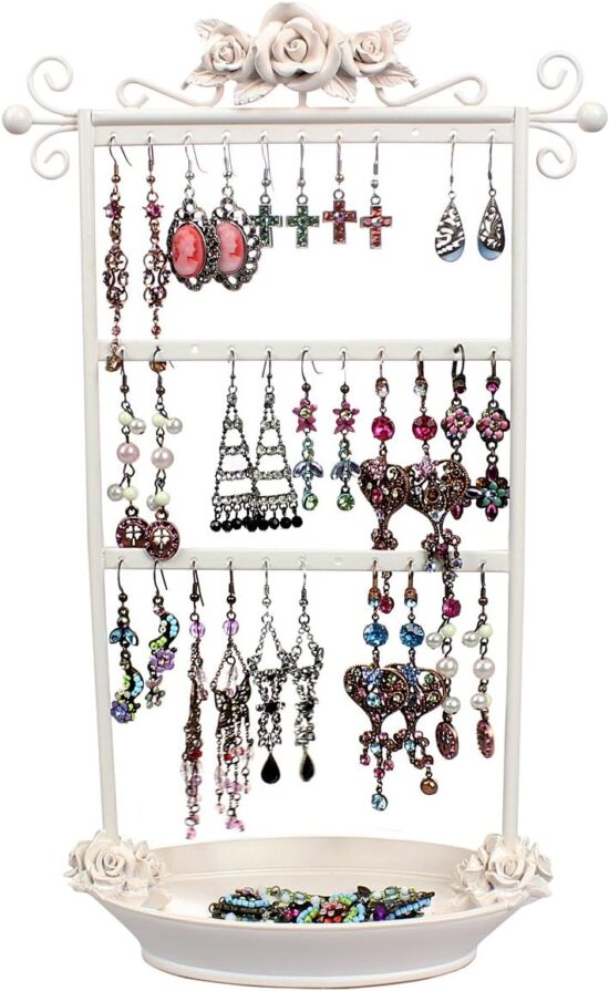 Shabby Chic Earring Holder Organizer Rack - Display Girls Hanging Jewelry on Metal Stand with Vanity Ring Dish Tray, Ivory Rose